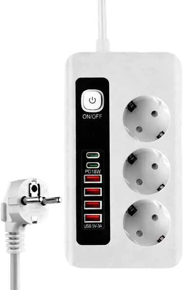 3500W Akım Korumalı Çoklu Priz - 3 Priz Girişi, 2 Type-C + 4 Usb Port, Pd 18W Hızlı Şarj, Açma/Kapama Anahtarı, 2 Metre Kablolu Uzatma Prizi ürün görseli 1