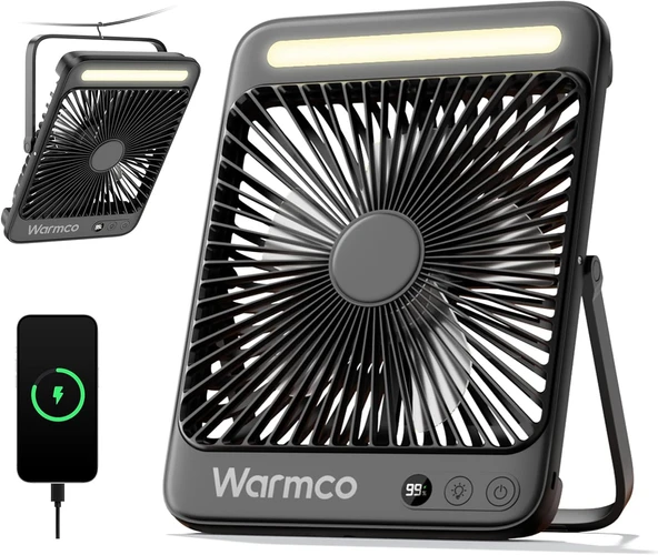 Warmco 20000Mah 8 Inç Taşınabilir Kamp Fanı, 48 Saat Maksimum Çalışma Süresi, Led Işık, Sessiz İnce Pille Çalışan Kişisel Masa Fanı Ofis, Seyahat, Yatak Odası, Dış Mekan Için Dijital Ekranlı ürün görseli 1