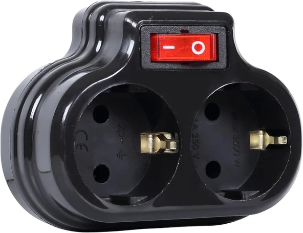 2'Li Anahtarlı Golyat, İkili Topraklı Priz Çoklayıcı Fiş, Siyah Renk, 16A 250 Volt, 3600 Watt (Siyah) ürün görseli 1