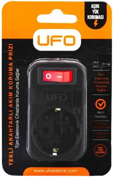 Ufo Tekli Akım Korumalı Anahtarlı Priz 16A 250V, 3500W Aşırı Yük Koruması (Siyah) ürün görseli 1