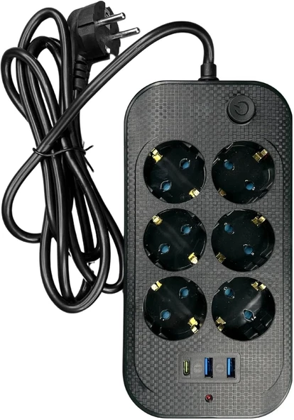 Yüksek Akım Korumalı 6’Lı Grup Priz Kablolu 2M Priz 2 Usb-A 1 Type-C Girişli Fiş 2 Metre Kablolu ürün görseli 1