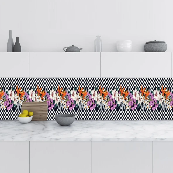 Mutfak Tezgah Arası Folyo Fayans Kaplama Folyosu Çizim Çiçekler 60X500 Cm ürün görseli 1
