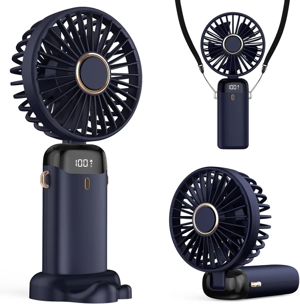 Taşınabilir Usb Vantilatör, 4200Mah Şarjlı El Tipi Fan, Led Ekranlı, 3'Ü 1 Arada El/Boyun/Masa Fanı, Yaz, Ofis, Seyahat Için, Kadınlar, Kızlar Çocuklara Hediye (Lacivert) ürün görseli 1