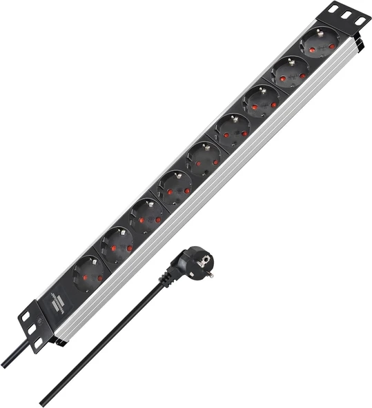Brennenstuhl Alu-Line 19 " Çoklu Priz 9-Kat – Steckerleiste Yüksek Kaliteli Alüminyum (2 M Kablo) Renk: Alüminyum/Siyah ürün görseli 1