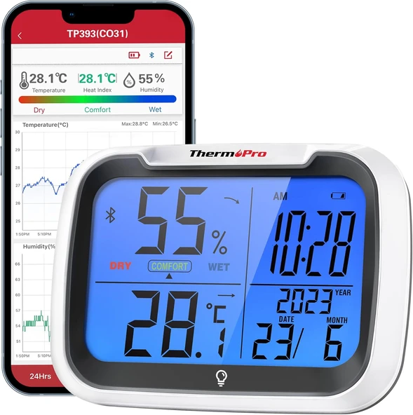 Thermopro Tp393B Ev Için Dijital Oda Termometresi Nem Ölçer, Bluetooth Üzerinden 80M Menzilli Otomatik Veri Senkronizasyonu, Saatli Higrometre ürün görseli 1