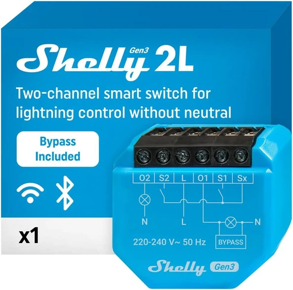 Shelly 2L Gen3 Wi-Fi Akıllı Röle Anahtarı, 2 Kanal 700W (Bypass), Nötrsüz, Gömme Montaj, 5W Üstü Yük Kontrolü, Alexa & Google Home, Hub Gerektirmez ürün görseli 1