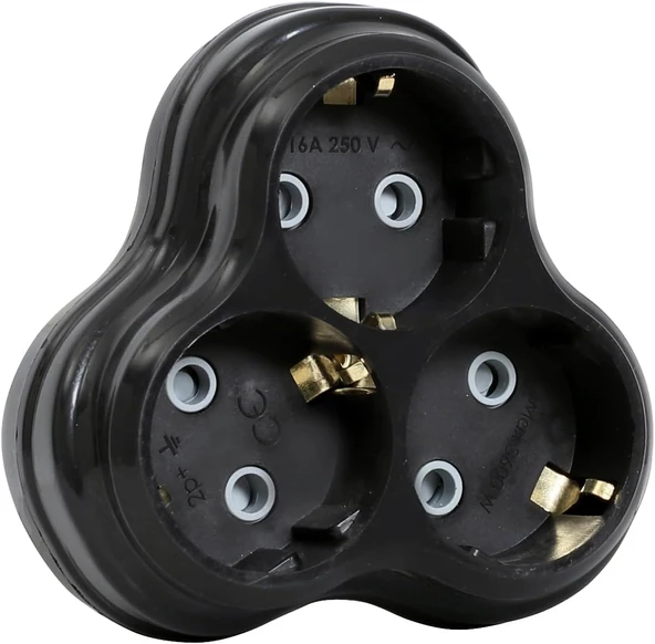 3Lü Golyat Fiş, Üçlü Topraklı Priz Duvar Tipi Çoklayıcı Fiş, 16A 250 Volt, 3600 Watt (Siyah) ürün görseli 1