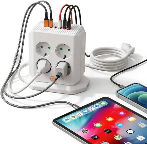 Jouis Dik Priz Kulesi Vertical Power Socket - Akım Korumalı, 2500W Çoklu Priz Çoklayıcı, 8 Eu Priz Girişi 4 Usb 2 Type-C Portlu, 2M Kablo, Aşırı Yük Korumalı Grup Priz ürün görseli 1