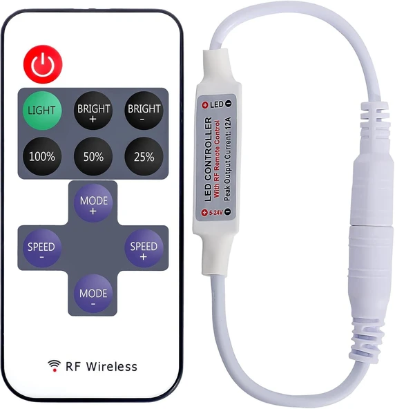 12 Amper Kumandalı Şerit Led Dimmer Kumanda - Parlaklık Seviyesi Ayarı Yapılabilir, Çakar Modlu ürün görseli 1