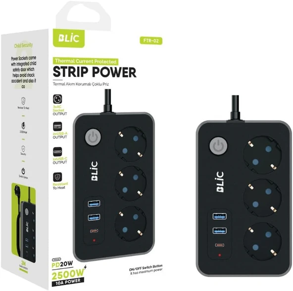 Akım Korumalı Priz, 3X Priz Soketi, 2X Usb Girişi, 1X Type-C Girişi, Tasarruflu Uzatma Kablosu, Çocuk Korumalı Adaptör (2 Metre) ürün görseli 1