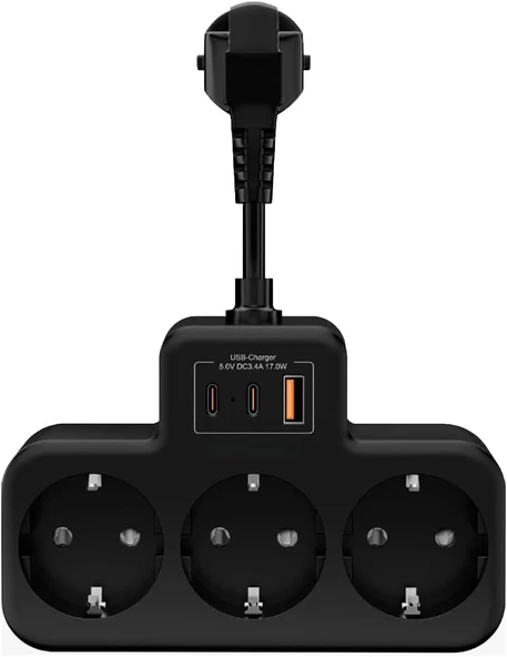 Yüksek Voltaj Korumalı Priz, Duvar Tipi Kısa Kablolu Priz Çoğaltıcı, 3X Soket, 2X Type-C, 1X Usb, 16A, 3680W, 1050 Joule, Çocuk Korumalı, Isıya Dayanıklı Yapı (Siyah) ürün görseli 1