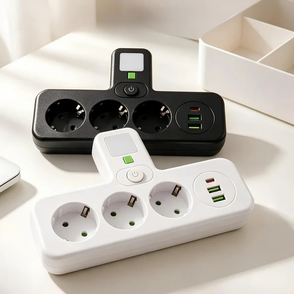 Jouis Akım Korumalı Priz Çoklayıcı Gece Lambalı - 2500W Grup Uzatma Prizi, 3 Eu Priz Girişi 2 Akıllı Usb 1 Type-C Portu, Seramik Korumalı Masaüstü Şarj İstasyonu ürün görseli 1