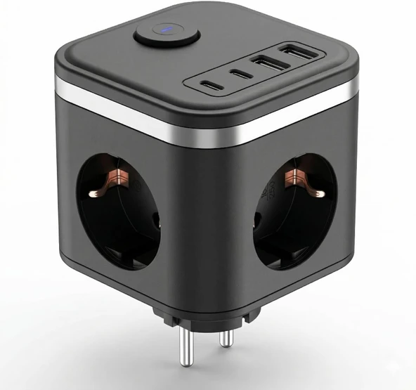 3680W Power 2Xtype-C 2X Usb Girişli Anahtarlı 3Lü Çoğaltıcı Küp Priz ürün görseli 1