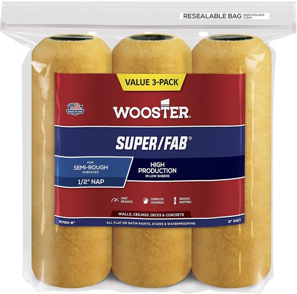 Wooster Fırça Mini-Halojen R740 – 9 Super/Fab Roller, 1/2 Inç Nap, 3'Lü Paket, 9 Inç ürün görseli 1