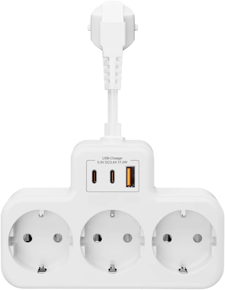 Vetech Akım Korumalı Grup Priz Duvar Tipi 3X Priz, 2X Type-C, 1X Usb Port Çıkışlı Çoklu Priz (Beyaz) ürün görseli 1