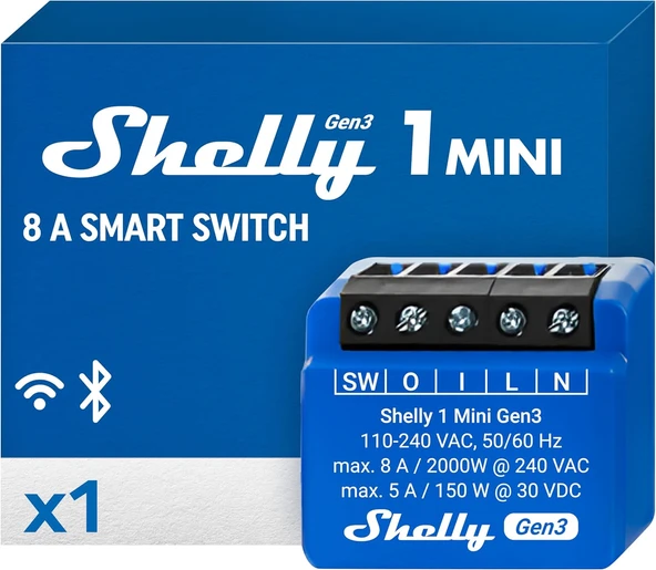 Shelly 1 Mini Gen 3 | Wifi Bluetooth Switch Röle 1 Kanal 8A | Ev Otomasyonu | Alexa Google Ile Uyumlu | Ios Android Uygulaması | Hub Gerekmez | Kuru Kontaklar ürün görseli 1