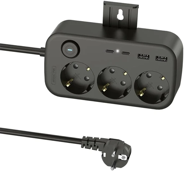 3'Lü Priz + 4 Usb (2 Type-C + 2 Usb-A) Çoklayıcı | Duvara Monte Edilebilir, Aç/Kapa Anahtarı, Akım & Kısa Devre Koruma, Yüksek Güç ürün görseli 1