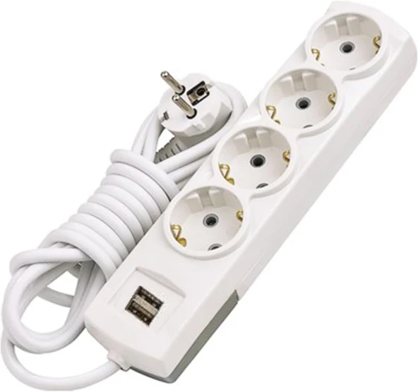 Kablolu Usb'Li 4'Lü Topraklı Grup Priz Fiş Çoğaltıcı 2 Metre Çoklu Asmalı Uzatma Kablosu Düğmesiz ürün görseli 1