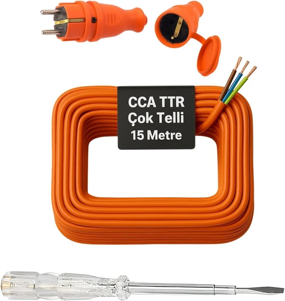 Seyyar 15 Metre Uzatma Kablosu Ttr Cca Telli 3X1.5 Mm Elektrik Kablo Kalem Dişi Erkek Fiş ürün görseli 1