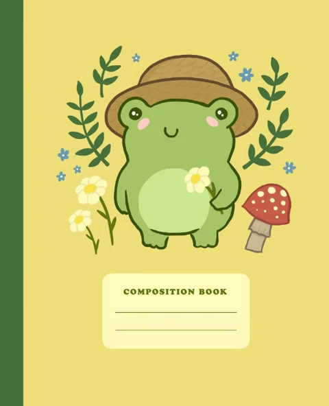 Composition Book: Cute Frog With Hat Mushrooms | College Ruled Wide Lined Journal | Kawaii Cottagecore Aesthetic Yellow Notebook For School ürün görseli 1