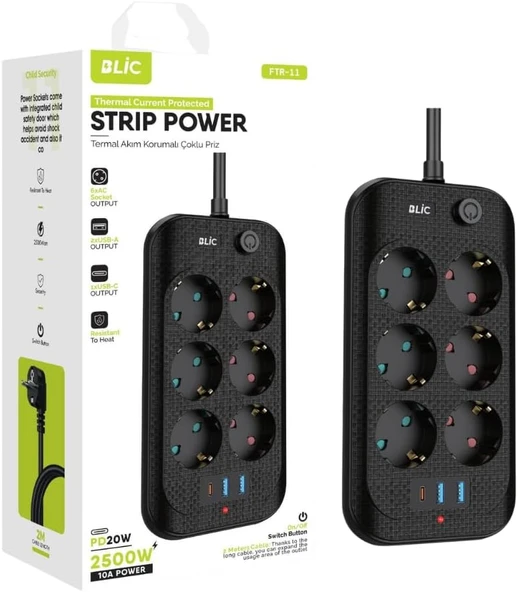 Akım Korumalı Priz, 6X Priz Soketi, 2X Usb Girişi, 1X Type-C Girişi, Tasarruflu Uzatma Kablosu, Çocuk Korumalı Adaptör (2 Metre) ürün görseli 1