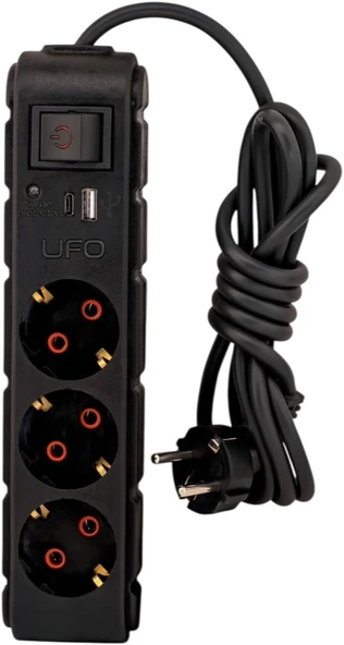 Ufo Yeni 3Lü Akım Korumalı Grup Priz 1,5 Metre Bakır Kablolu, 5V 2,4A Usb Type-C Ile Şarj, Anahtarlı Topraklı Priz, Sürekli Koruma, 16A 250V, 3500W Aşırı Yük Koruması, 1,5M. Siyah Renk ürün görseli 1