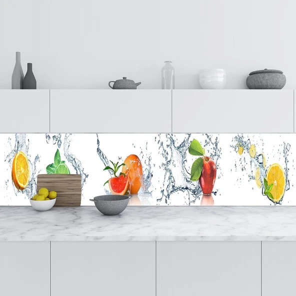 Mutfak Tezgah Arası Folyo Fayans Kaplama Folyosu Meyveler Su Pano 60X400 Cm ürün görseli 1