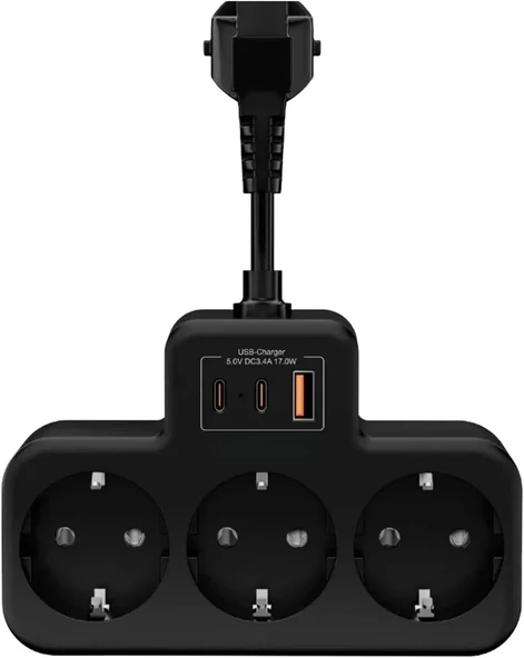 Çoklu Kablolu Priz Çoğaltıcı Priz Dönüştürücü 1Usb - 2Type-C Girişli Yüksek Akım Korumalı Fiş Siyah ürün görseli 1