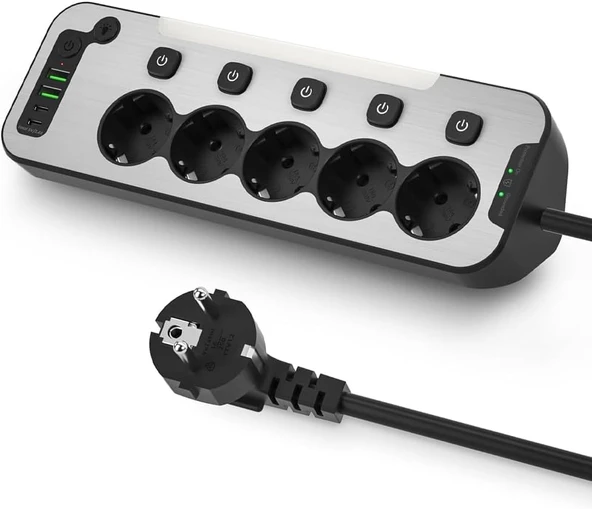 Bağımsız Anahtarlı 5'Li Işıklı Akım Korumalı Çoklu Priz 4000W, 2X Usb - 2X Type-C Giriş, Metal Ön Panel Uzatma Kablosu Köşe Beşli Priz, Topraklı, 2 Metre Kablo ürün görseli 1