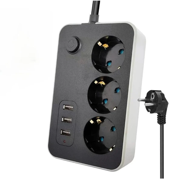 Orret Akım Korumalı Priz 3 Priz 3 Usb Girişli 2.1A Uzatma Kablosu 2 Metre, Termal Korumalı Çoklu Priz, Açma Kapama Düğmeli Usb Şarjlı Uzatma Prizi ürün görseli 1