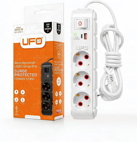 Ufo Yeni 3Lü Akım Korumalı Grup Priz 2,5 Metre Bakır Kablolu, 5V 2,4A Usb Type-C Ile Şarj, Anahtarlı Topraklı Priz, Sürekli Koruma, 16A 250V, 3500W Aşırı Yük Koruması, 2,5M. Beyaz Renk ürün görseli 1