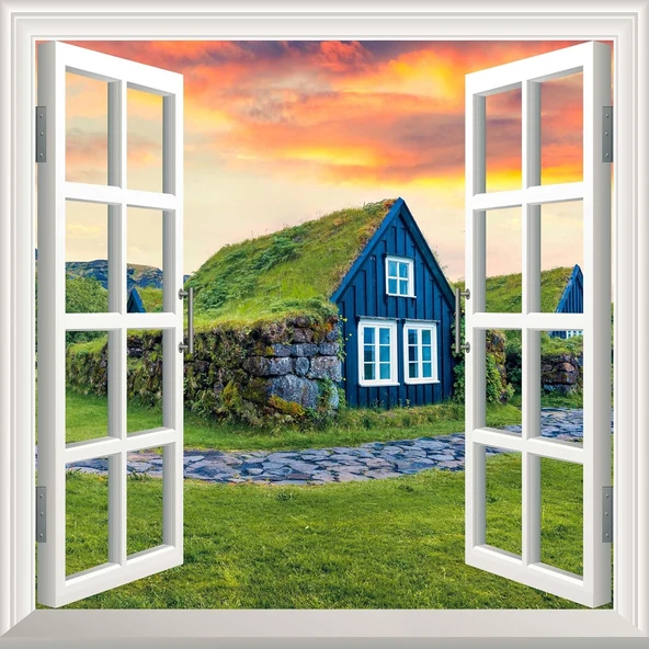 Pencere Poster Duvar Kağıdı Çim Evler İzlanda Yapışkanlı Sticker ürün görseli 1