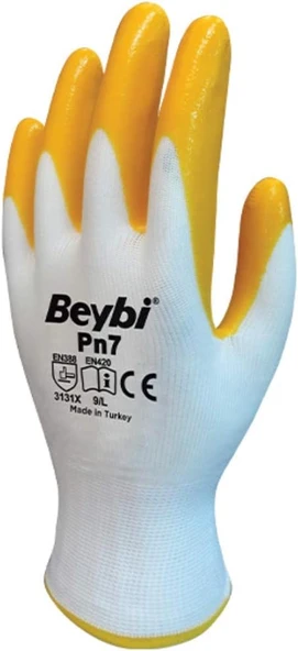 Beybi Pn7 Polyester Örme Nitril Eldiven No 10, Çift, Beyaz Sarı ürün görseli 1