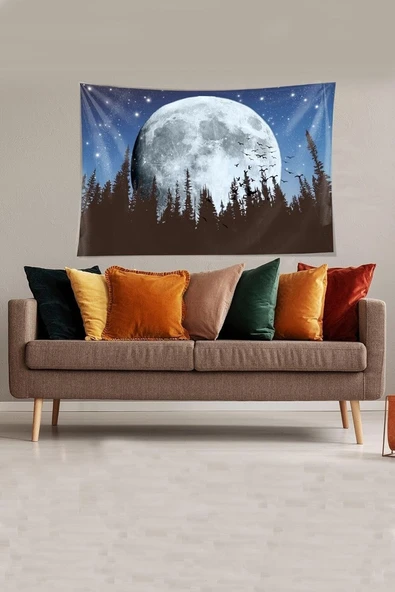 Pelangi Mavi-Beyaz Ay Çam Ağaçlı Tutmaz Kadife Kumaş Duvar Örtüsü Duvar Halısı Tapestry Ywll379, 70 X 100 ürün görseli 1