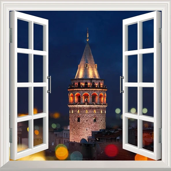 Pencere Poster Duvar Kağıdı Galata Kulesi Akşam Yapışkanlı Sticker ürün görseli 1