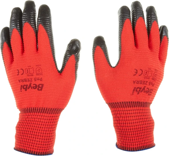 Beybi Pn5 Zebra Polyester Örme Nitril Eldiven Çift - No:9 - Kırmızı Siyah ürün görseli 1