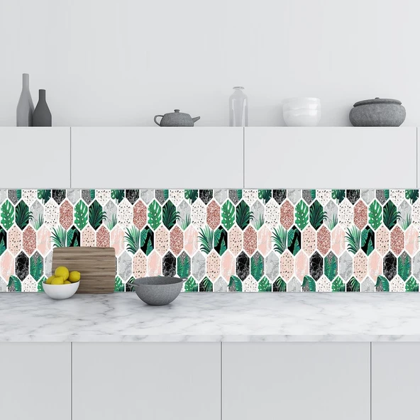 Mutfak Tezgah Arası Folyo Fayans Kaplama Folyosu Altıgen Çiçek 60X100 Cm ürün görseli 1