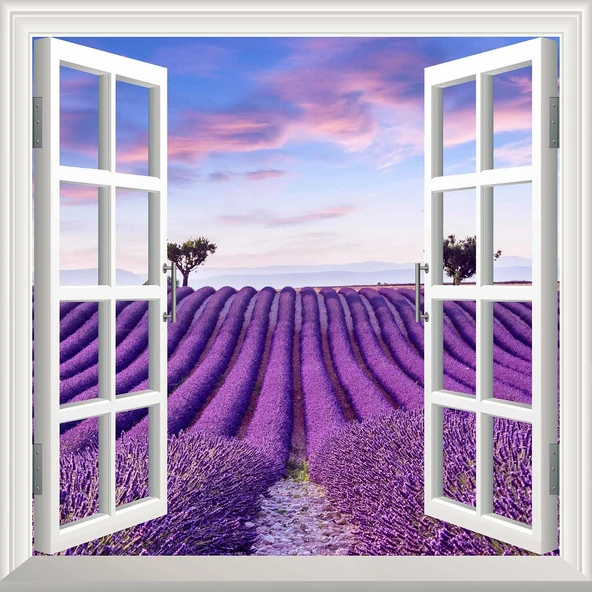 Pencere Poster Duvar Kağıdı Lavanta Tarlası Yapışkanlı Sticker ürün görseli 1