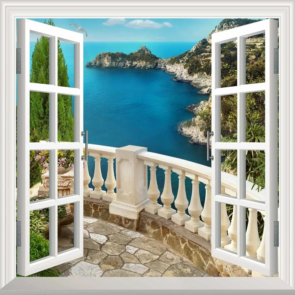 Pencere Poster Duvar Kağıdı Balkon Deniz Yapışkanlı Sticker ürün görseli 1