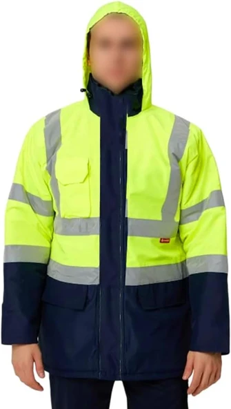 Cepli Reflektif L Beden Fosforlu Fermuarlı Kaban Kapüşonlu Parka Sarı Lacivert Kaban İşçi Parkası ürün görseli 1