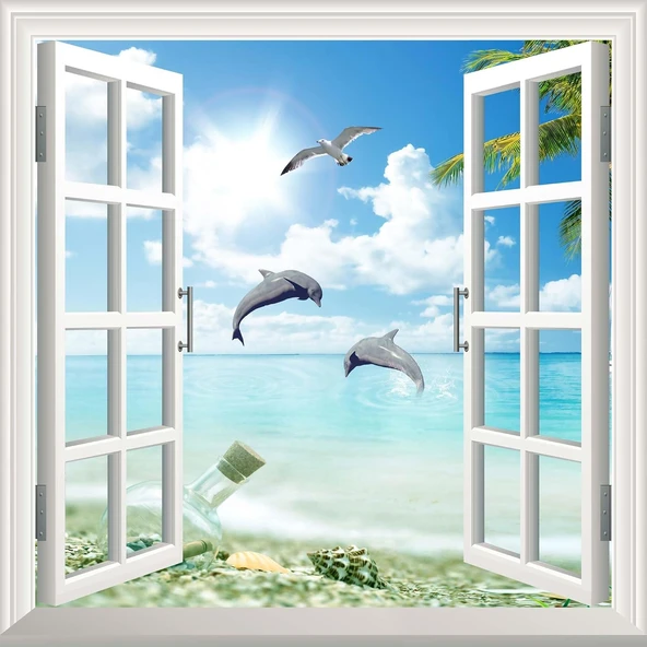 Pencere Poster Duvar Kağıdı Deniz Sahili Manzara Yapışkanlı Sticker ürün görseli 1