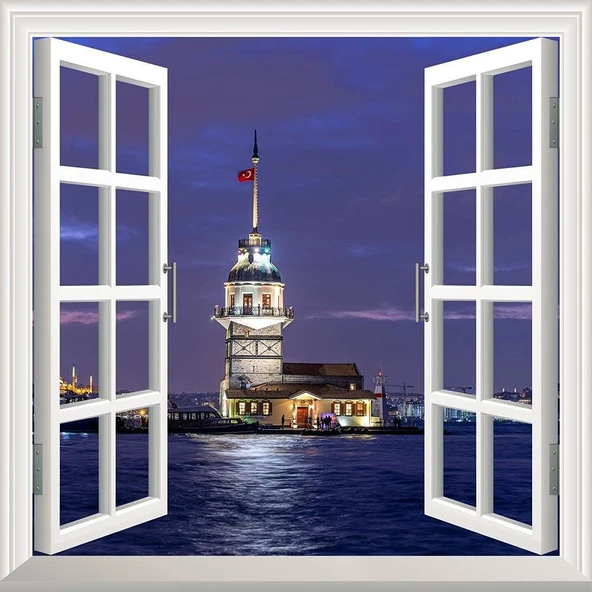 Pencere Poster Duvar Kağıdı Kız Kulesi Gece Yapışkanlı Sticker ürün görseli 1