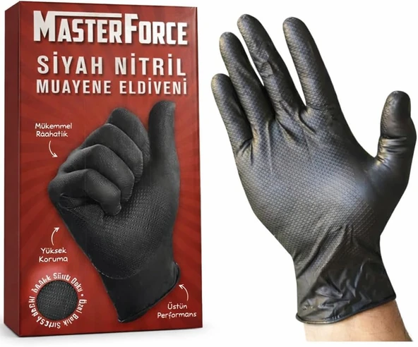 Masterforce Siyah Nitril Eldiven 50’Li – Pudrasız, Ekstra Kalın Dayanıklı – Balıksırtı Dokulu, Lateks İçermez, Çift Ele Uygun Profesyonel Eldiven ürün görseli 1