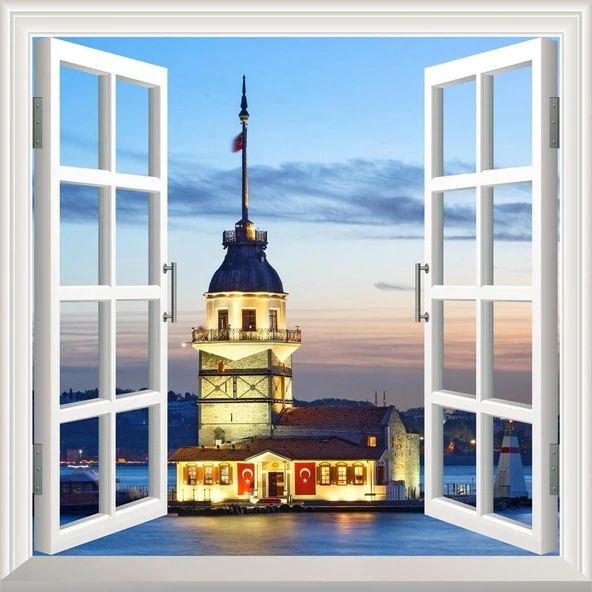 Pencere Poster Duvar Kağıdı Kız Kulesi Akşam Yapışkanlı Sticker ürün görseli 1