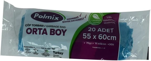Torbası Orta Boy 55X60Cm 70Gr 11Mikron 30Lt Rulo 20 Adet ürün görseli 1