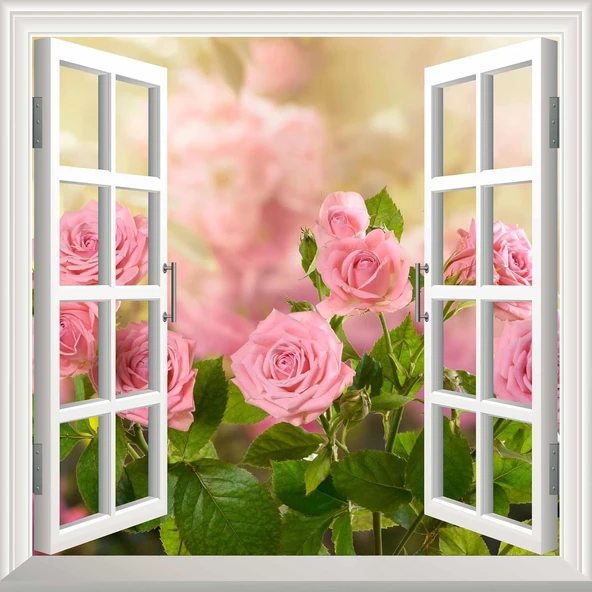 Pencere Poster Duvar Kağıdı Pembe Güller Yapışkanlı Sticker ürün görseli 1