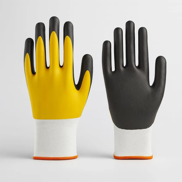 Çift Nitril (Sarı-Siyah) No: 10 L Beden Polyester Double Nitril İş Güvenlik İnşaat Eldiveni ürün görseli 1