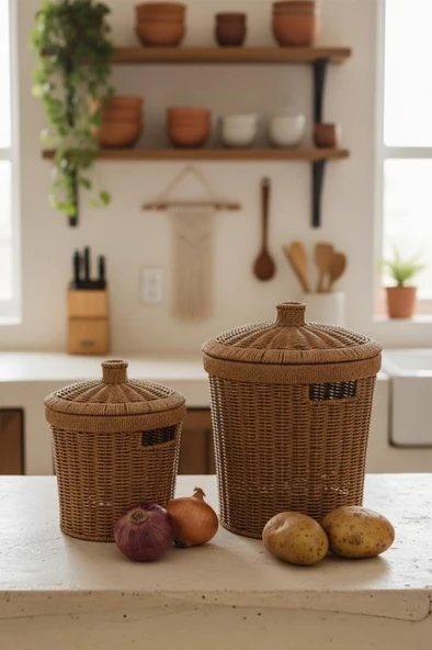 Rattan Konik 2'Li Kapaklı Sepet ürün görseli 1