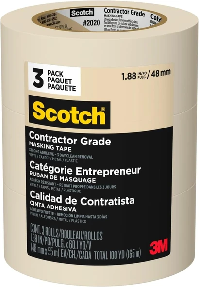 Scotch Müteahhit Sınıfı Maskeleme Bandı, Tan, Genel Kullanım Için Bant, Çok Yüzeyli Yapışkan Bant, 1.88 İnç X 60.1 Yards, 3 Rulo ürün görseli 1
