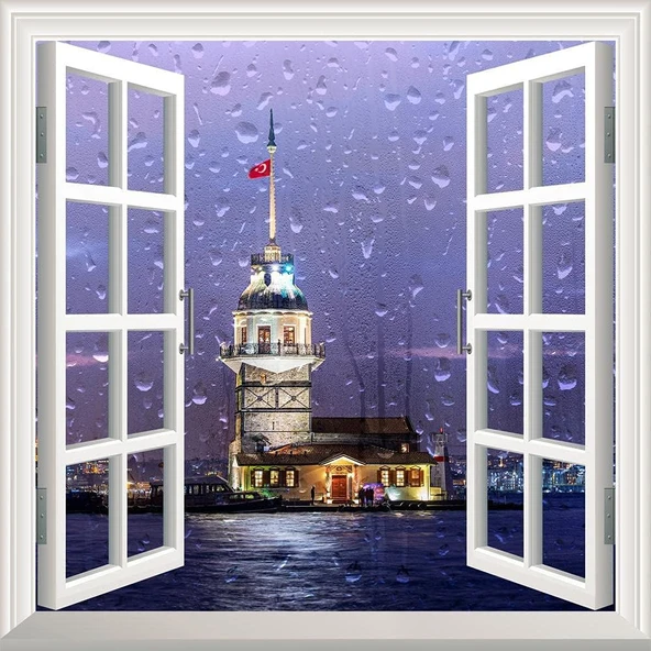 Pencere Poster Duvar Kağıdı Kız Kulesi Yağmur Yapışkanlı Sticker ürün görseli 1